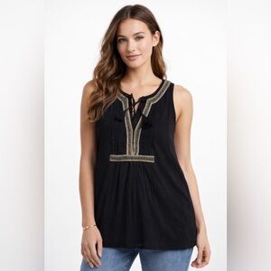 Joie Black Embroidered Beaded Tunic Top Boho Sleeveless Pleated Front L NWT Boho